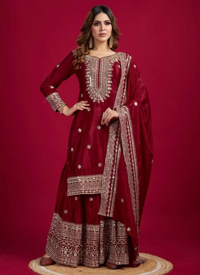 Chinnon Silk Red Ceremonial Wear Sequins Work Readymade Sharara Suit